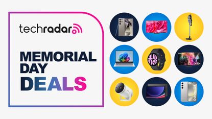 Collage of Samsung tech including phones, TVs, vacuums and more on a white background next to Techradar Memorial Day deals logo