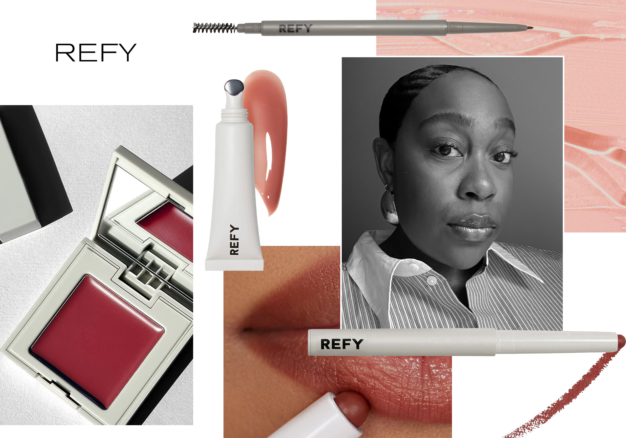 collage of beauty products and editor headshots