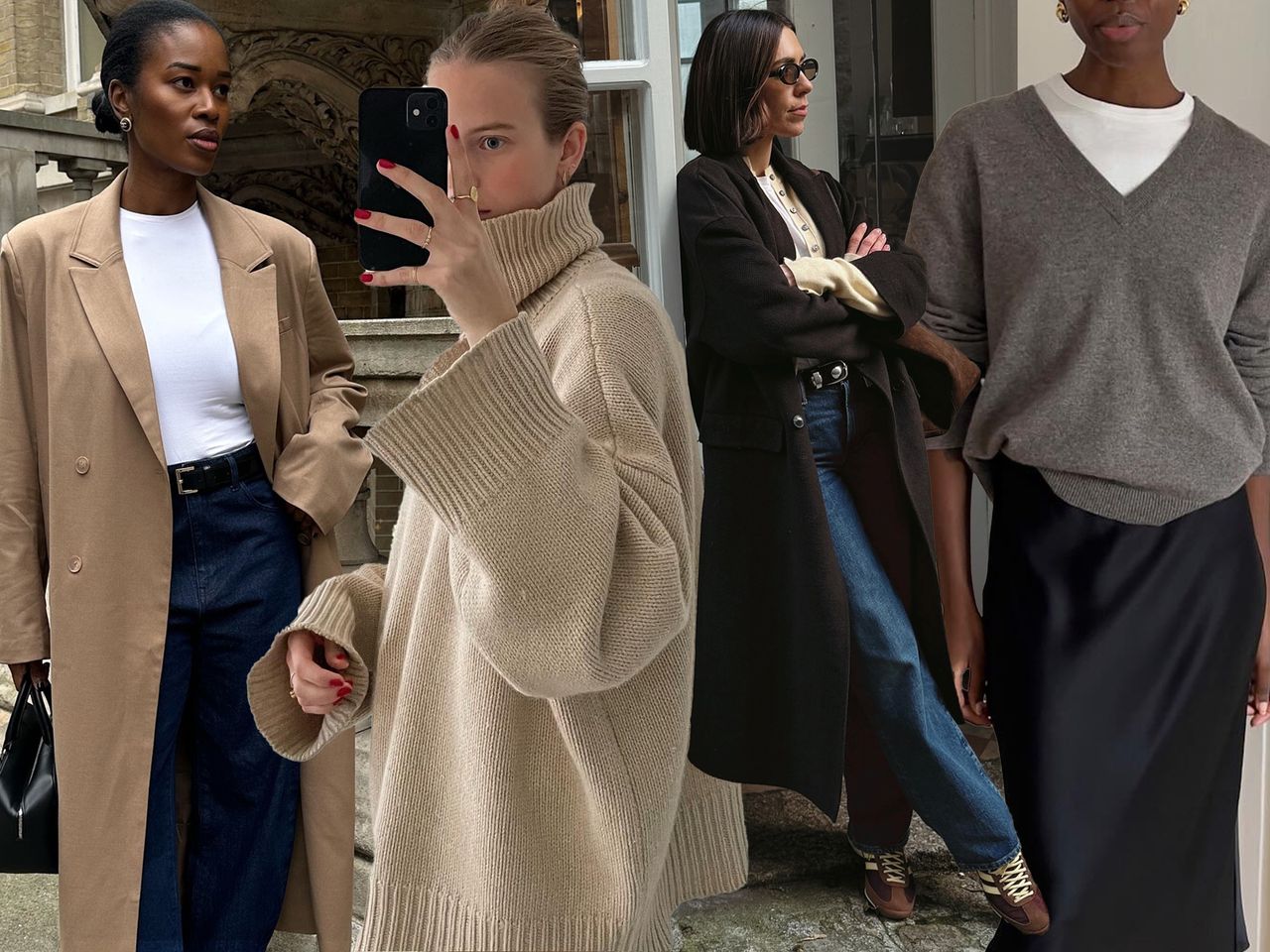 fashion collage of European style influencers including Marilyn Nwawulor-Kazemaks, Clara Dyrhauge; Jessica Skye, and Sylvie Mus wearing chic and elegant winter outfits