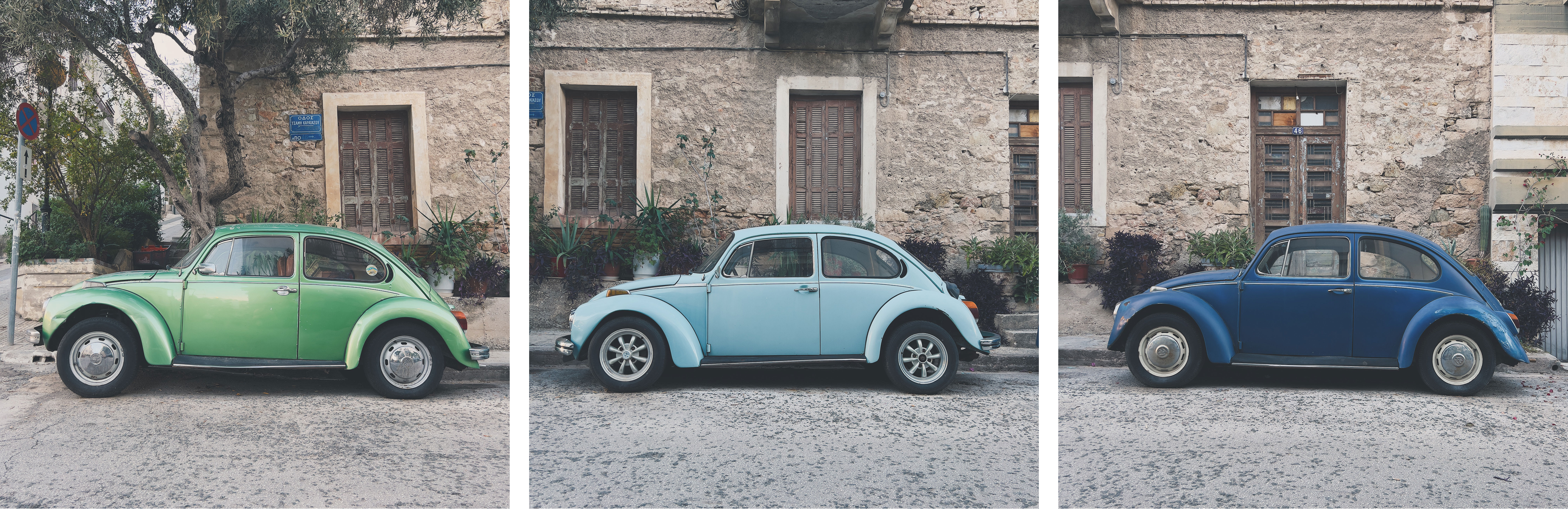 Three side shots of colorful Beetle cars on the street