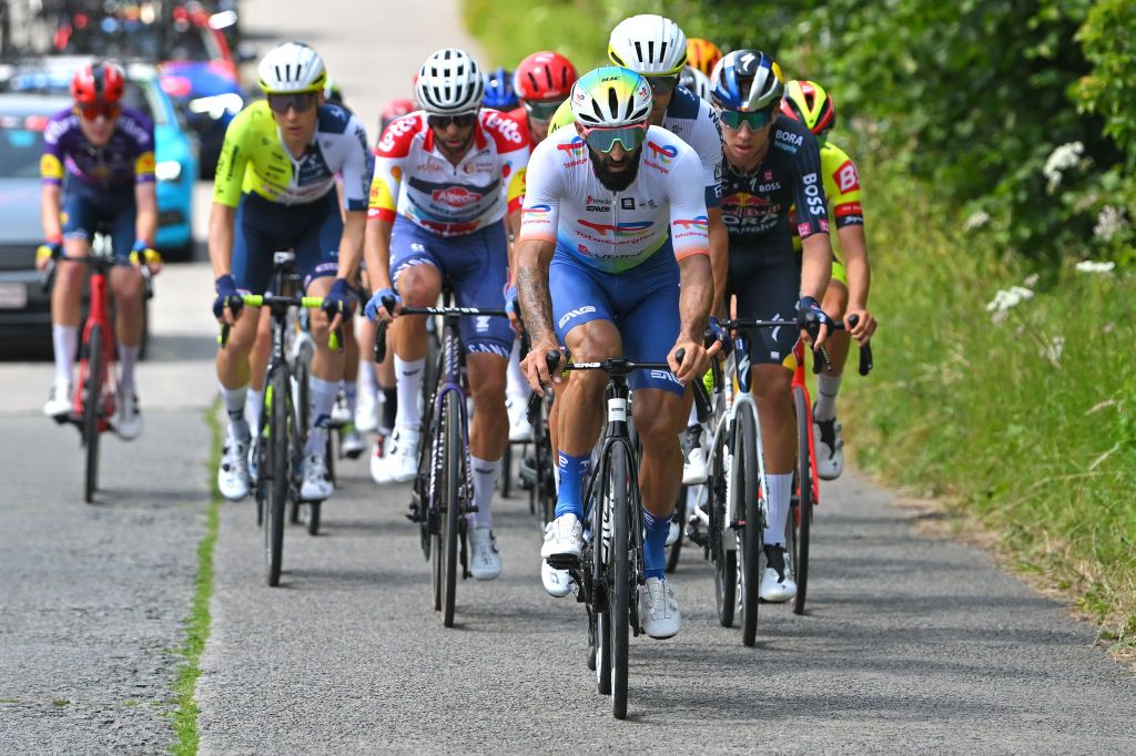 THUIN BELGIUM JULY 26 Geoffrey Soupe of France and Team TotalEnergies leads the breakaway during the 45th Tour de Wallonie 2024 Stage 5 a 19215km stage from Mouscron to Thuin on July 26 2024 in Thuin Belgium Photo by Luc ClaessenGetty Images