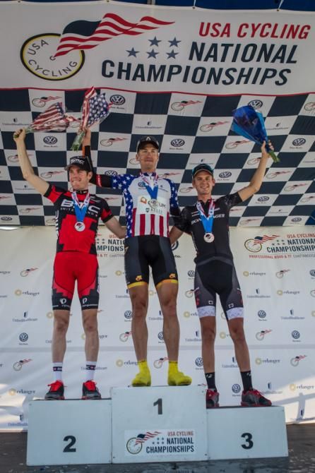 2013 US pro men's time trial podium (L-R): Brent Bookwalter (BMC), Tom Zirbel (Optum p/b Kelly Benefit Strategies) and Nathan Brown (Bontrager)