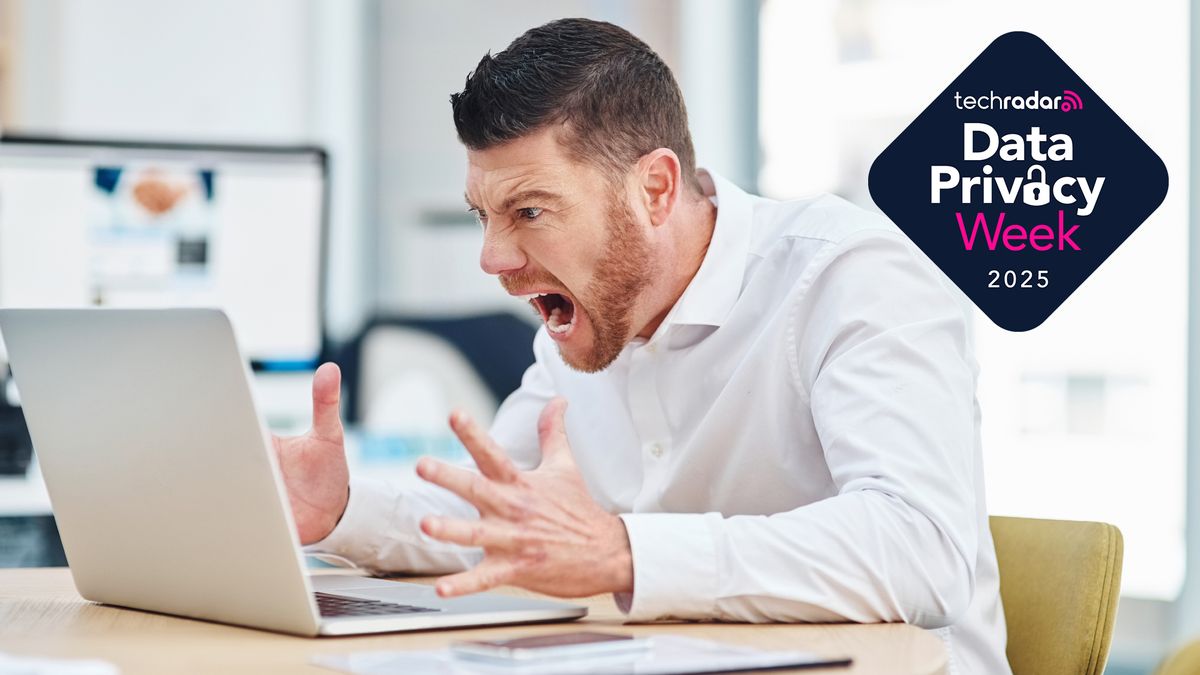 Man screaming at computer with TechRadar data privacy week logo next to it.