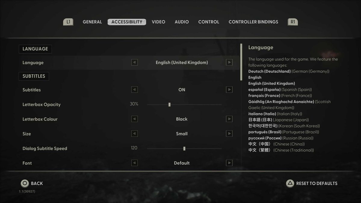 Screenshots of the accessibility menu from the video game Still Wakes the Deep