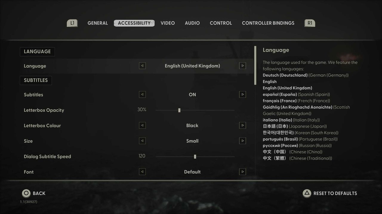 Screenshots of the accessibility menu from the video game Still Wakes the Deep