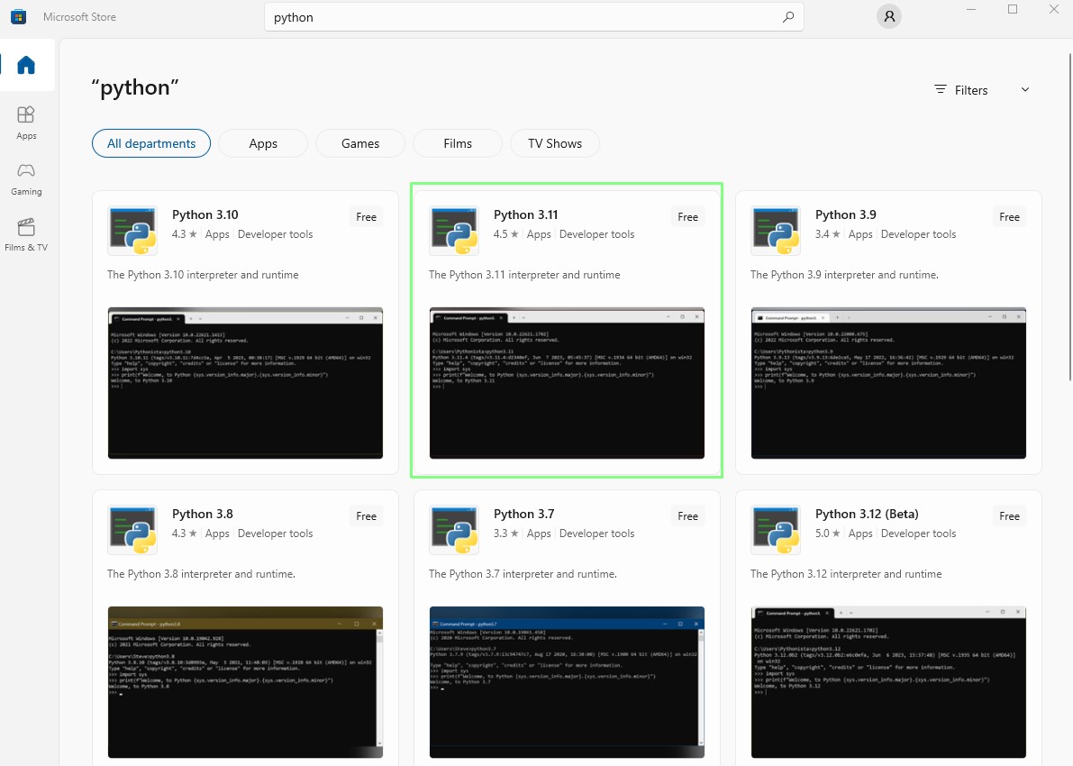 Searching for Python in the Microsoft Store