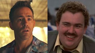 Ryan Reynolds in red Notice/John Candy in Panes, Trains, and Automobiles.