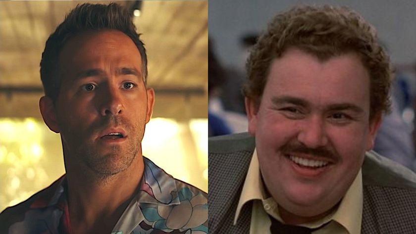 Ryan Reynolds in red Notice/John Candy in Panes, Trains, and Automobiles. 
