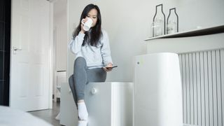 Do air purifiers help with bad smells: image of woman and air purifier