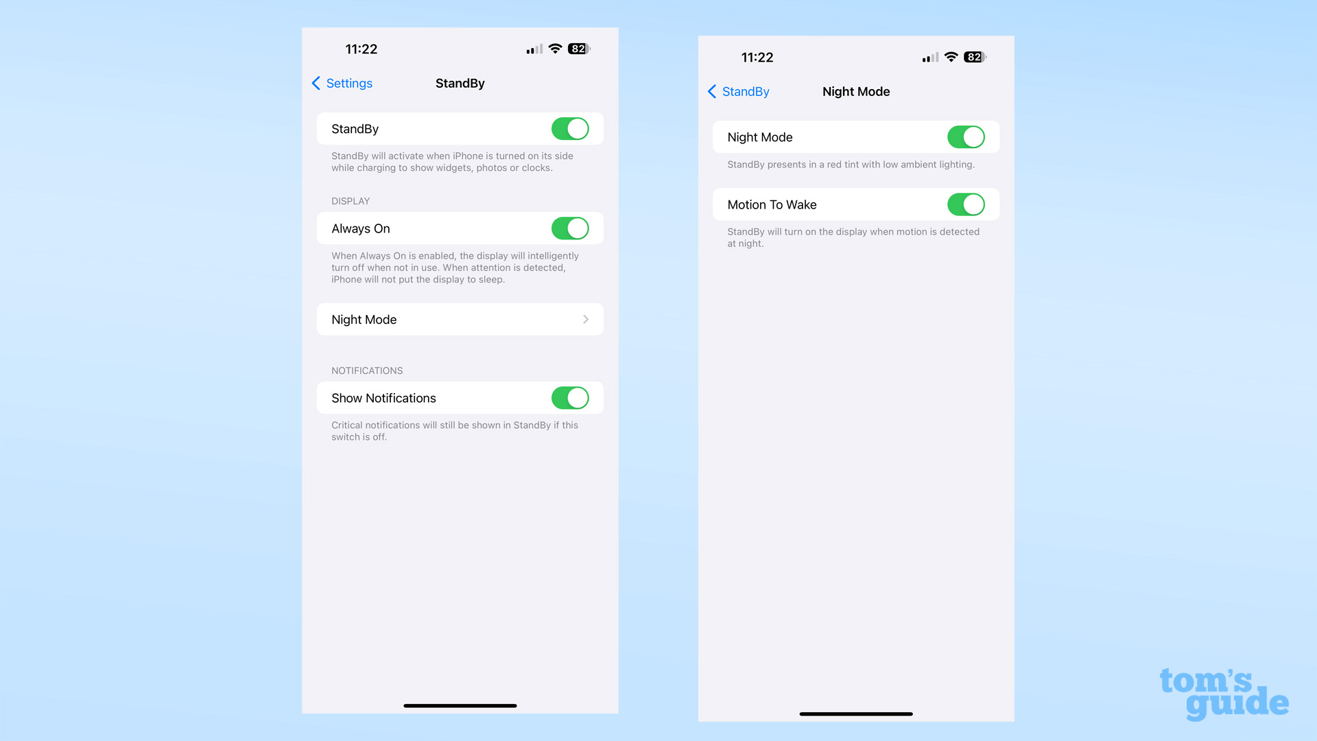 لقطتا شاشة تعرضان خيارات StandBy في iOS 17