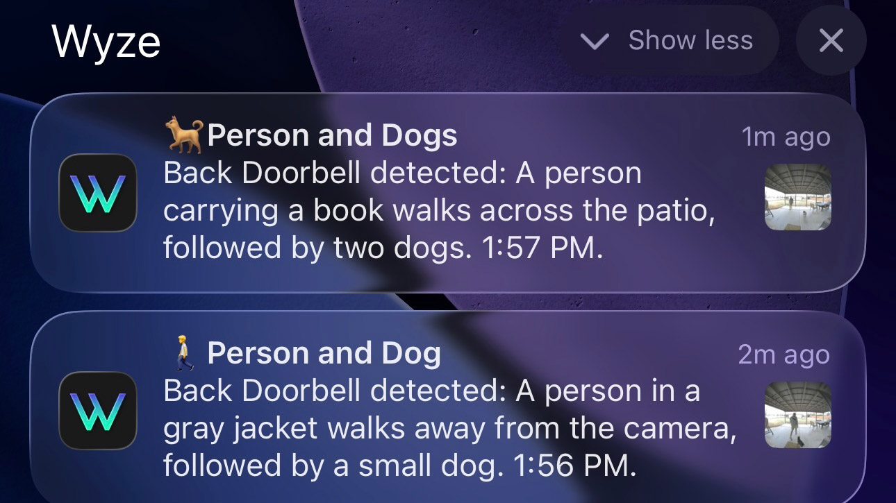 A screenshot of notifications from the Wyze Battery Video Doorbell
