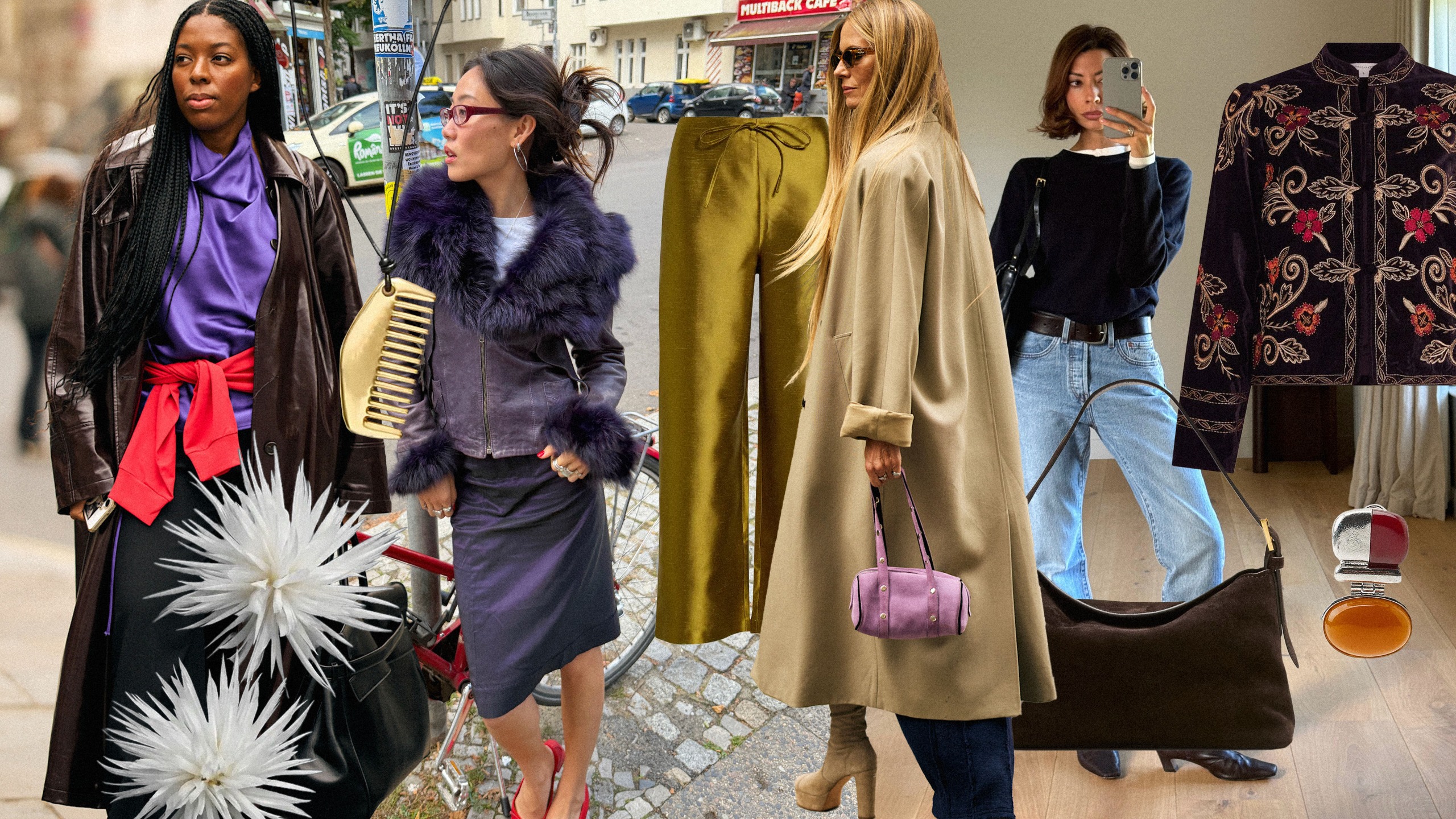 Collage of women wearing chic fall outfits and fashion items.
