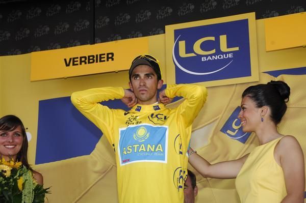 Alberto Contador (Astana) dons the yellow tunic