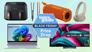 Compilation showing Philips air fryer, Dyson hair straightener, Sony speaker and headphones, Samsung laptop, LG OLED TV.