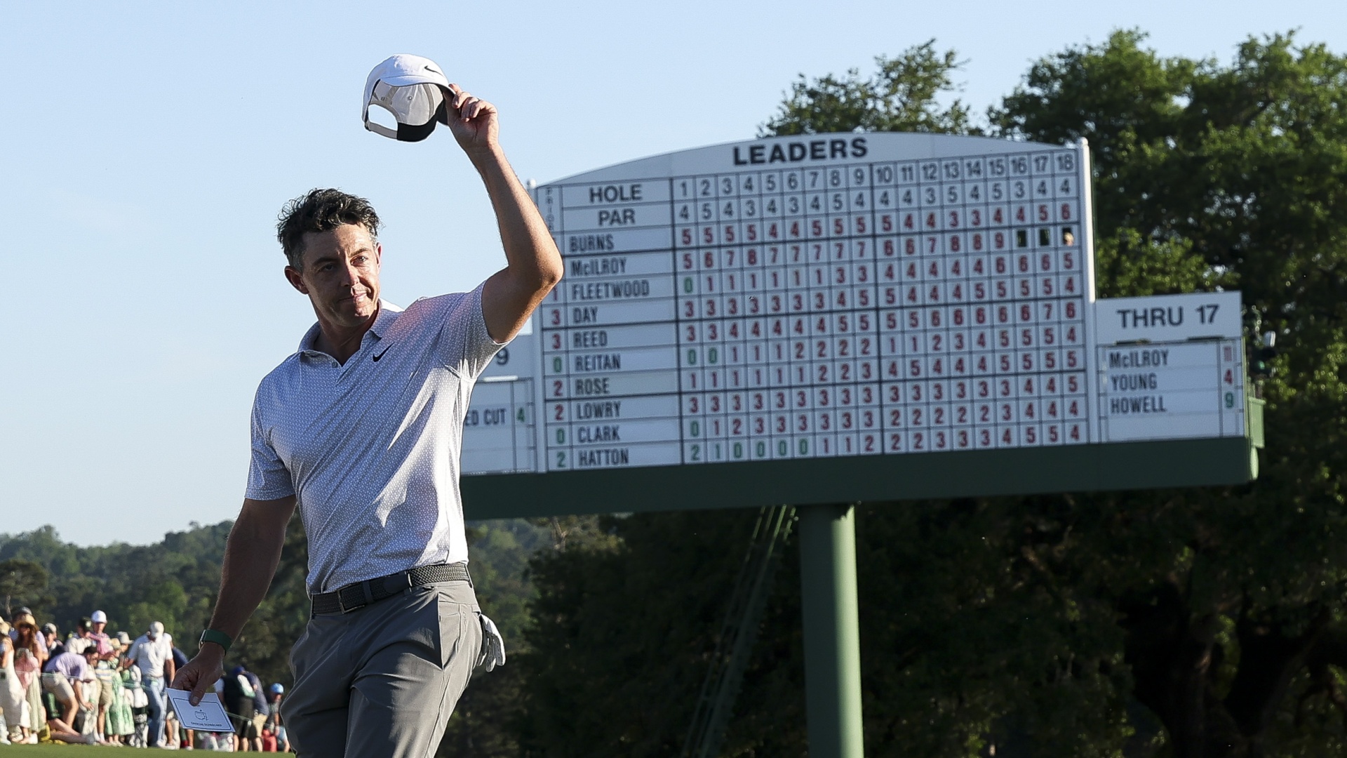 Rory McIlroy walks off the 18th green following the second round of the 2026 Masters
