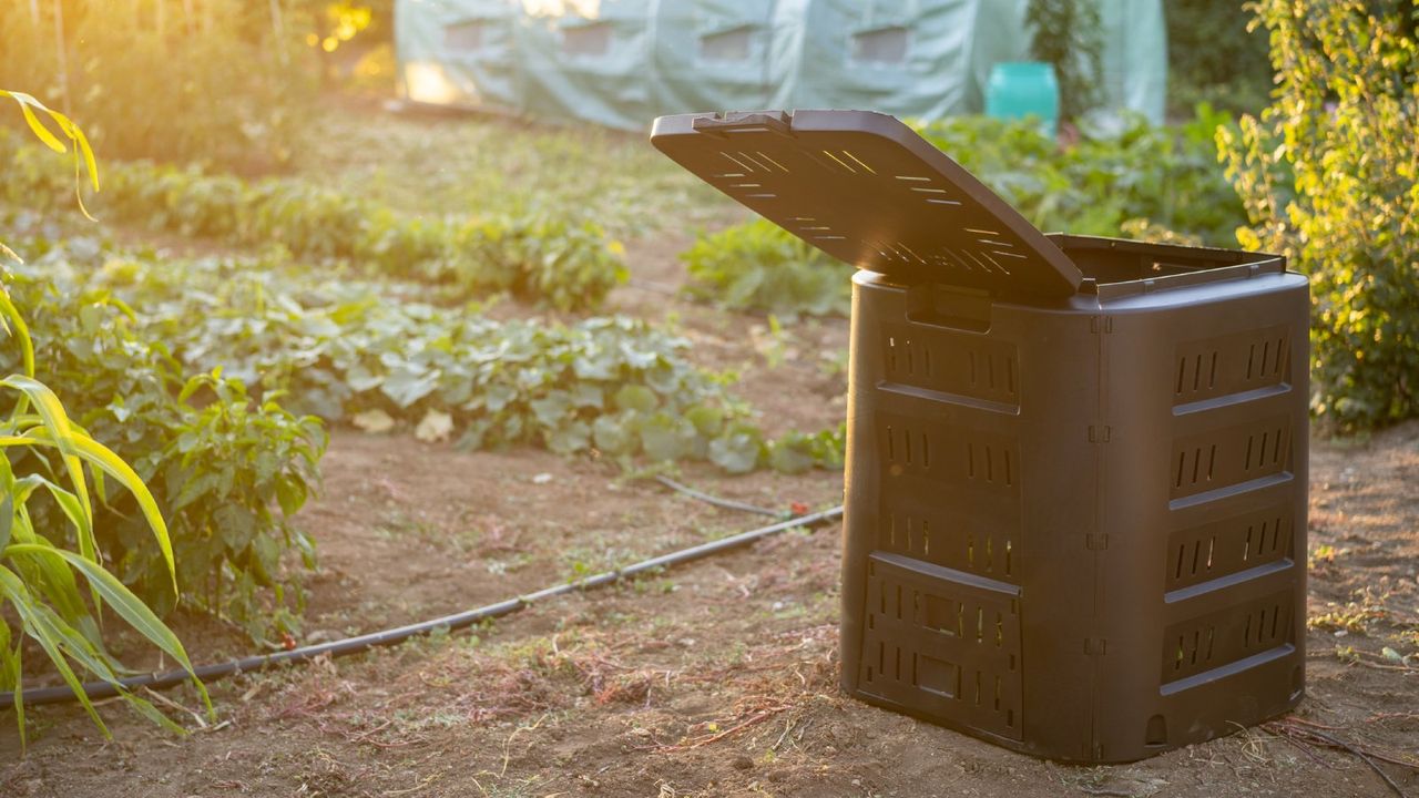  An open black composter in a garden