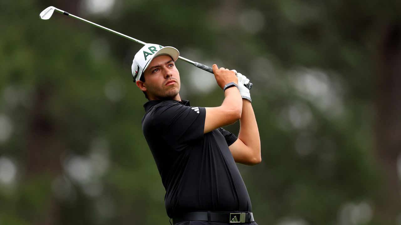 Santiago de la Fuente of Mexico plays his shot from the fourth tee during the first round of the 2024 Masters Tournament at Augusta National Golf Club