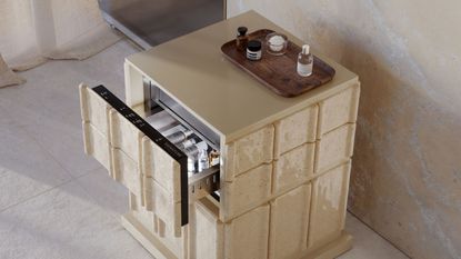 a small tiled refrigerator filled with skincare