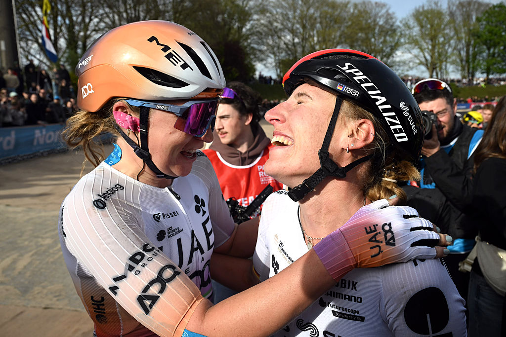 Megan Jastrab and winner Franziska Koch hug and smile at the finish of Paris-Roubaix Femmes 2026