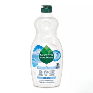 A white bottle of Seventh Generation dish soap with a green lid and green and blue label