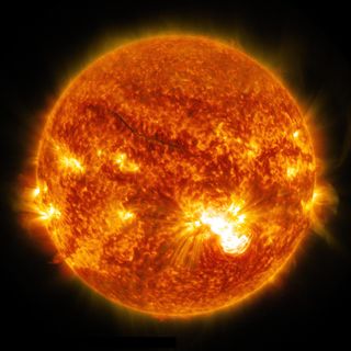This full-disk image of the sun shows the location of the major X3.1 solar flare (lower right) on Oct. 24, 2014. The solar flare erupted from the largest sunspot on the sun in 24 years.