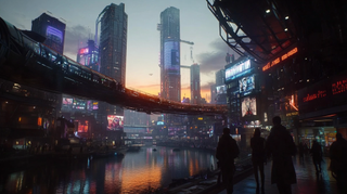 A futuristic city skyline at dusk, with towering glass skyscrapers reflecting the orange and purple hues of the sunset. A river winds through the centre, with a suspension bridge lit up by soft blue LED lights. People in cyberpunk-style outfits walk along the streets, with neon signs glowing in the background