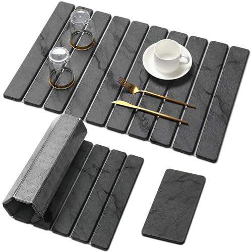 Large Stone Dish Drying Mat for Kitchen Counter, Quick Dry Stone Dishes/bath Mats,foldable Water Absorbing Diatomaceous Earth Drying Organizer Pad for Plate Rack Bottles Utensils(dark Gray 24"&amp;times;16")