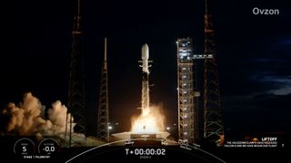 A SpaceX Falcon 9 rocket launches the Ovzon 3 satellite on Jan. 3, 2024.