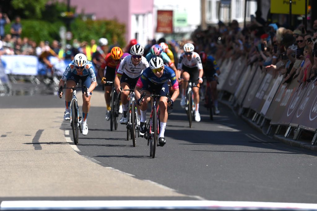 MALDON ENGLAND MAY 25 Lorena Wiebes of The Netherlands and Team SD WorxProtime Blue Leader Jersey sprints at finish line to win the stage ahead of Charlotte Kool of The Netherlands and Team DsmFirmenich PostNl and Lotte Kopecky of Belgium and Team SD WorxProtime during the 10th Ford RideLondon Classique 2024 Stage 2 a 1426km stage from Saffron Maldon to Maldon UCIWWT on May 25 2024 in Maldon England Photo by Alex BroadwayGetty Images