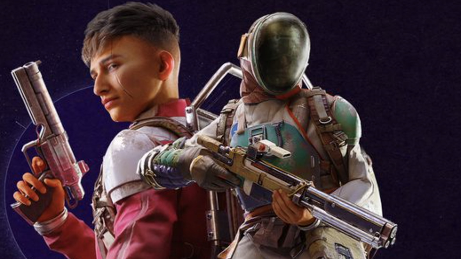 A Raider in side profile holds up a huge handgun, next to a raider in a fencing helmet holding a rifle