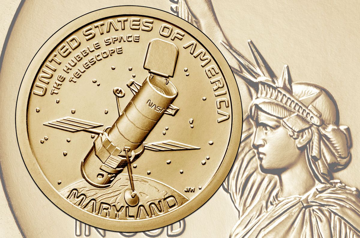 The official artwork for Maryland&#039;s entry in the U.S. Mint&#039;s American Innovation $1 coin program highlights the Hubble Space Telescope and the state&#039;s role in managing the orbiting observatory from the ground. The coin is depicted in uncirculated condition. 