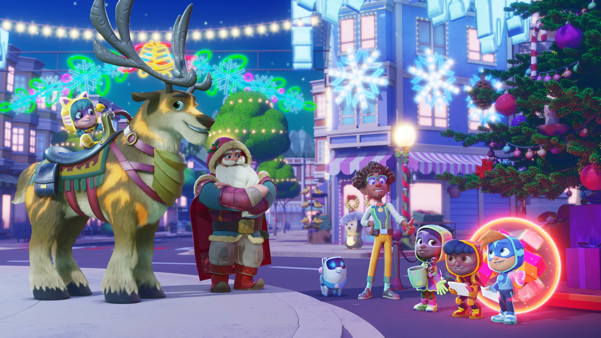 (L to R) Jason Hightower as Santa, Giancarlo Sabugal as Mr. Ernesto, Sidney Thomas as Trina, Nevin Carr as Clay and Oscar Reese as Watts in The Action Pack Saves Christmas