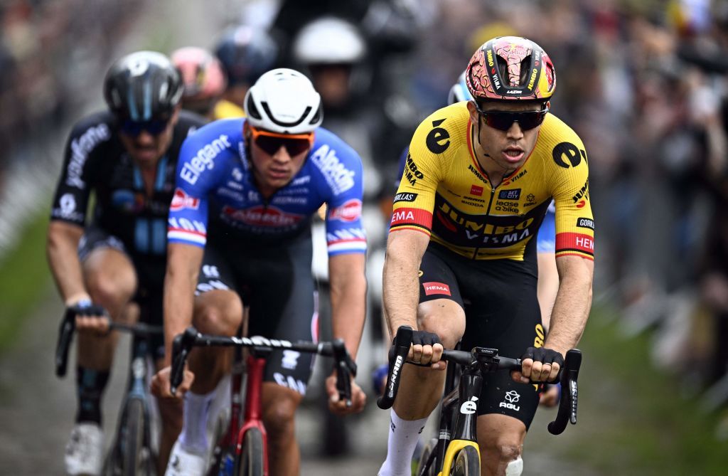 Dutch Mathieu van der Poel of AlpecinDeceuninck and Belgian Wout van Aert of Team JumboVisma pictured in action during pictured at the Trouee dArenberg cobbled road passage during the mens elite race of the ParisRoubaix cycling event 2566km from Compiegne to Roubaix France on Sunday 09 April 2023 BELGA PHOTO JASPER JACOBS Photo by JASPER JACOBS BELGA MAG Belga via AFP Photo by JASPER JACOBSBELGA MAGAFP via Getty Images