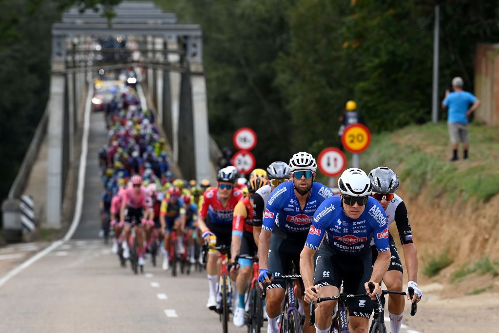 SCAR SPAIN SEPTEMBER 15 LR Jimmy Janssens of Belgium and Maurice Ballerstedt of Germany and Team AlpecinDeceuninck leads the peloton during the 78th Tour of Spain 2023 Stage 19 a 1771km stage from La Baeza to scar UCIWT on September 15 2023 in scar Spain Photo by Tim de WaeleGetty Images