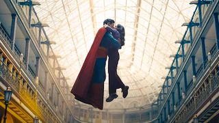 Superman and Lois Lane floating in the air.