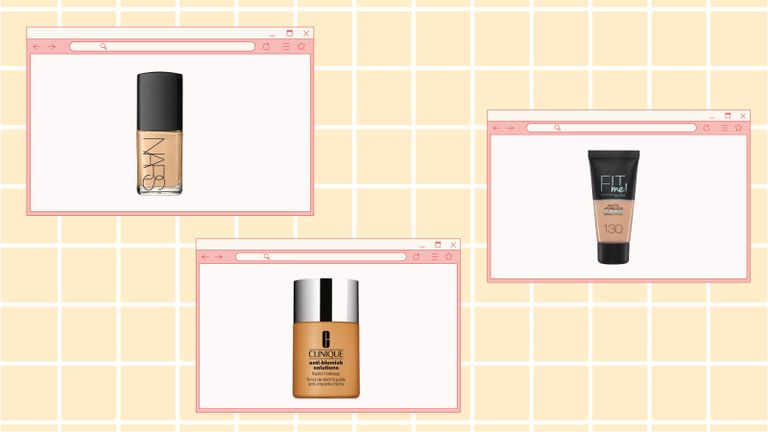 a collage image of some of the best foundations for acne-prone skin, including products from Nars, Clinique and more