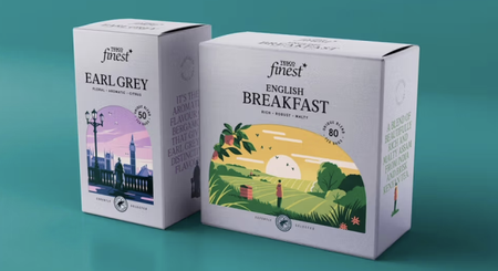 Two boxes of Tesco Finest tea are displayed: the box on the left is for Earl Grey (Floral, Aromatic, Citrus) with 50 tea bags and features an illustration of a cityscape at dusk; the box on the right is for English Breakfast (Rich, Robust, Malty) with 80 tea bags and features an illustration of a sunrise over a rolling landscape.