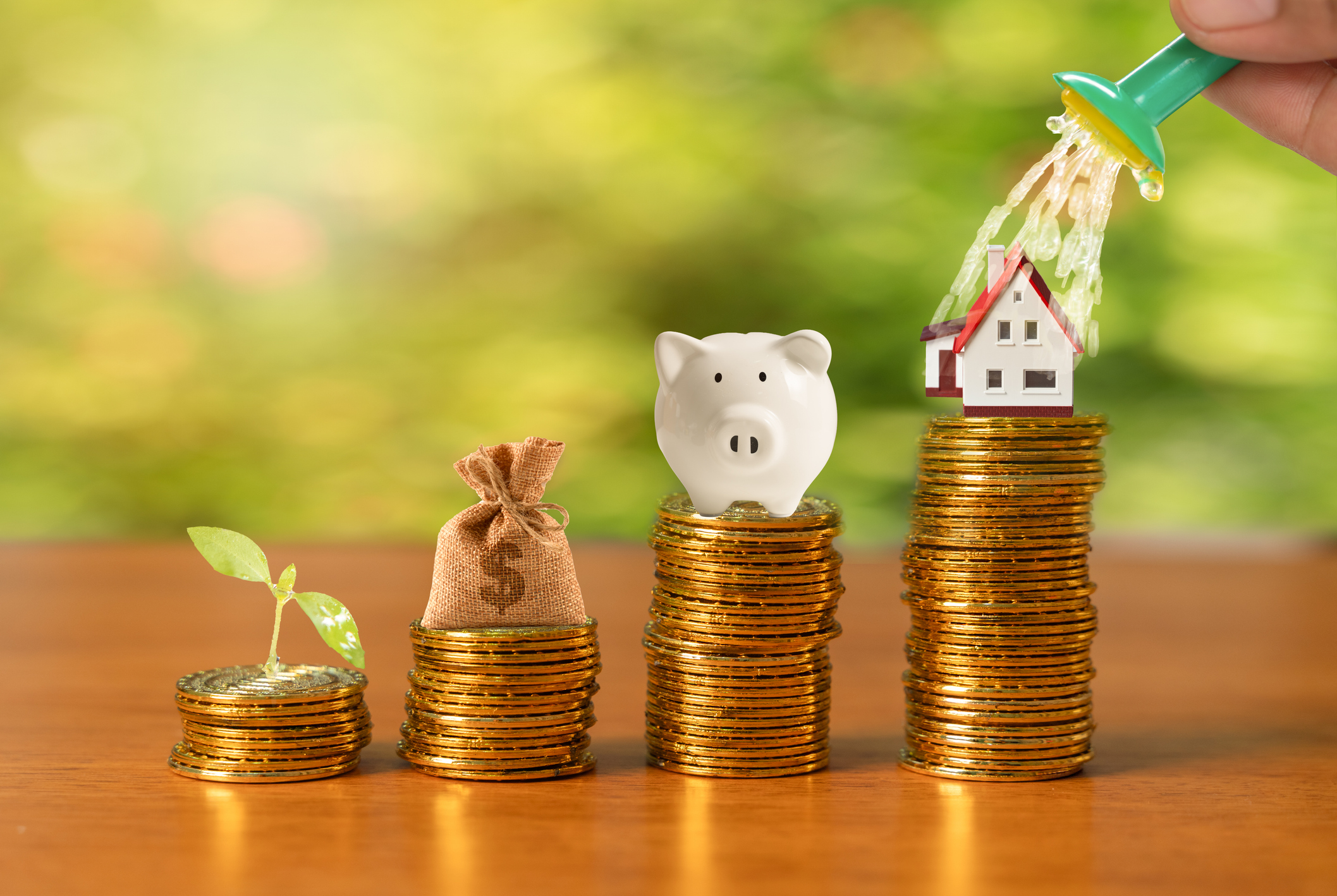 Investor watering growing coin stacks with green sprouts beside a piggy bank, house, and sedan symbolizes saving money, financial growth, and investing for future purchases.