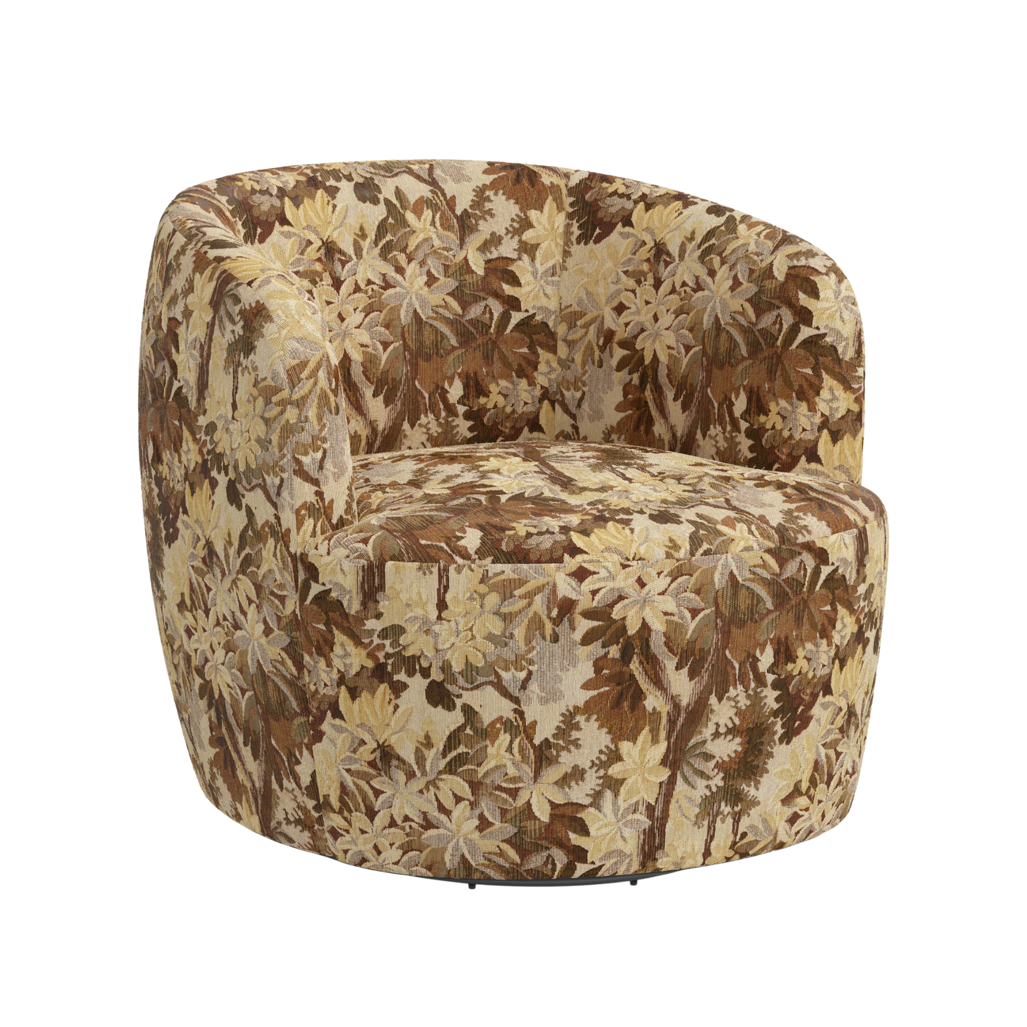 a floral accent chair in shades of brown, tan, and yellow