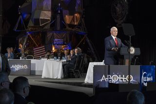 Vice President Mike Pence called on NASA to return astronauts to the moon by 2024 during the fifth National Space Council meeting March 26, 2019, at the U.S. Space & Rocket Center in Huntsville, Alabama.