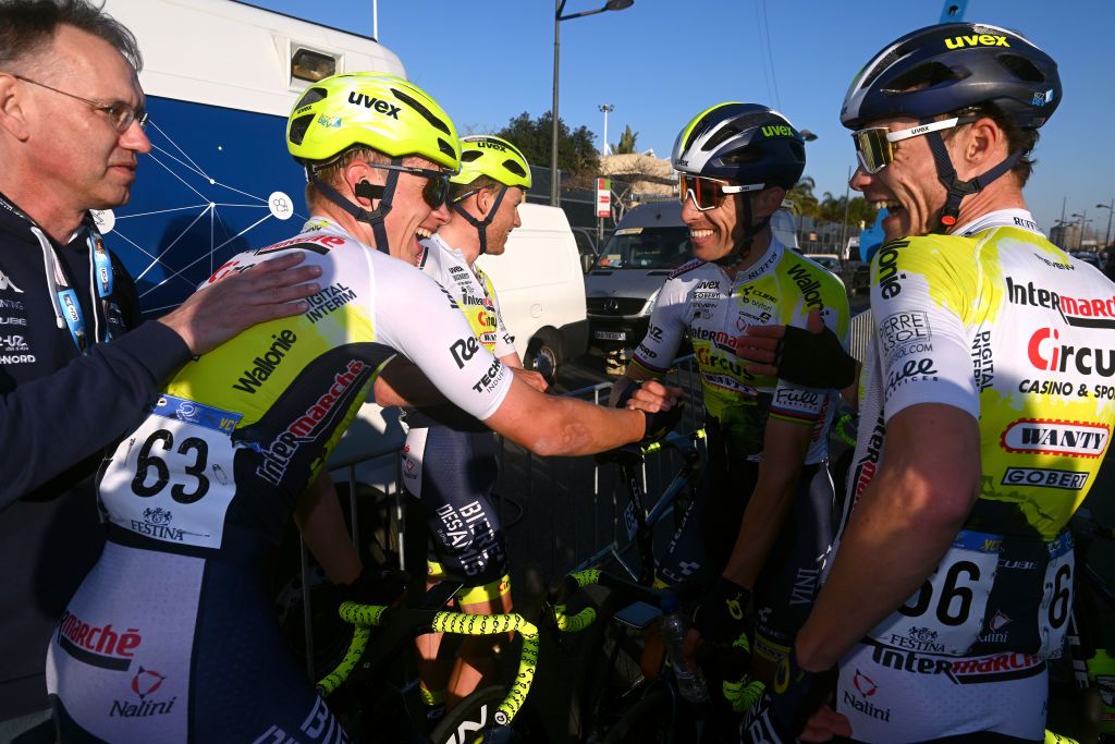 VALENCIA SPAIN FEBRUARY 05 Rui Costa of Portugal and Team Intermarche Circus Wanty celebrates at finish line as stage winner with his teammates Madis Mihkels of Estonia and Loc Vliegen of Belgium during the 74th Volta a la Comunitat Valenciana 2023 Stage 5 a 932km stage from Paterna to Valencia on February 05 2023 in Valencia Spain Photo by Dario BelingheriGetty Images