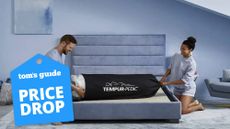 A man and woman unwrap the Tempur-Pedic Tempur-Cloud mattress after buying it on sale