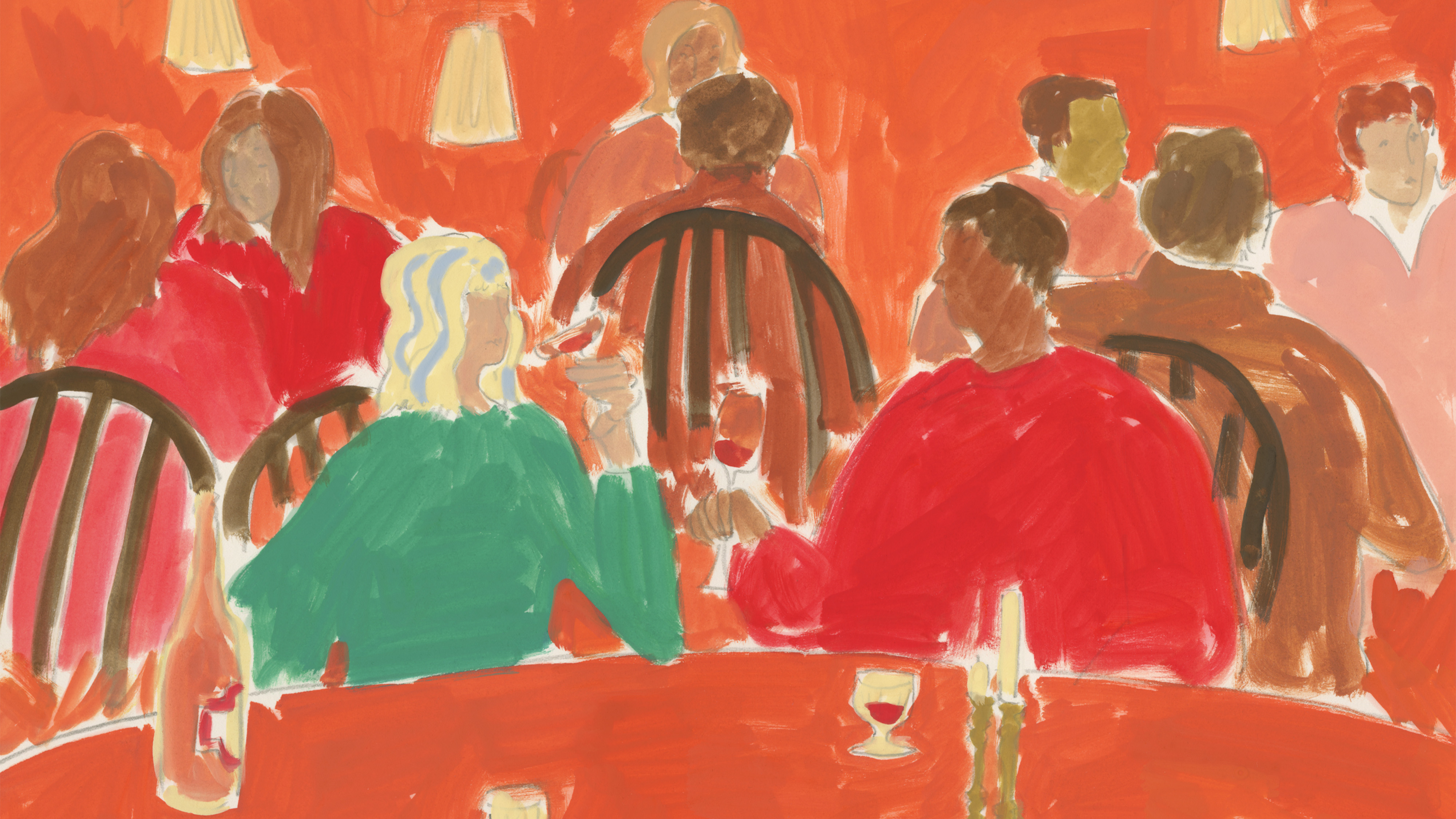 an illustration in red orange and green of a woman with silver streaks in her hair on a date with a man in a red sweater