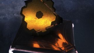 A golden hexagon with machinery around it on a dark background