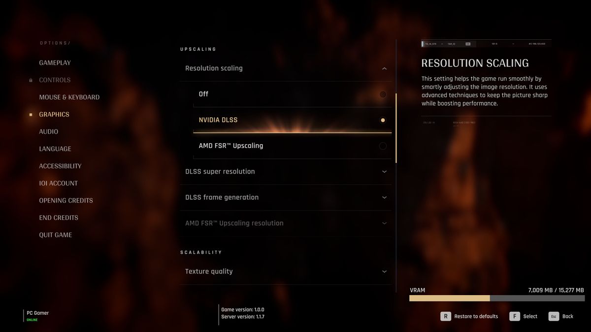 A screenshot of 007 First Light's PC graphics options, showing the choice of upscaling algorithms available