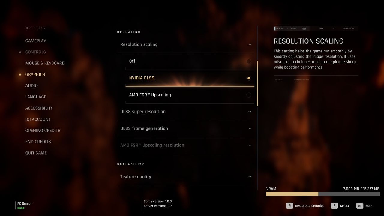 A screenshot of 007 First Light's PC graphics options, showing the choice of upscaling algorithms available