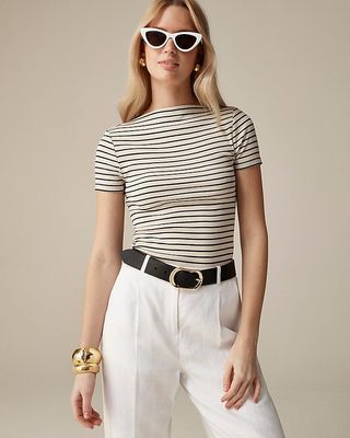 Fine-Rib Fitted Boatneck T-Shirt in Stripe