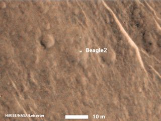 The Mars Reconnaissance Orbiter spots the European Space Agency's crash-landed Beagle 2 craft from orbit.