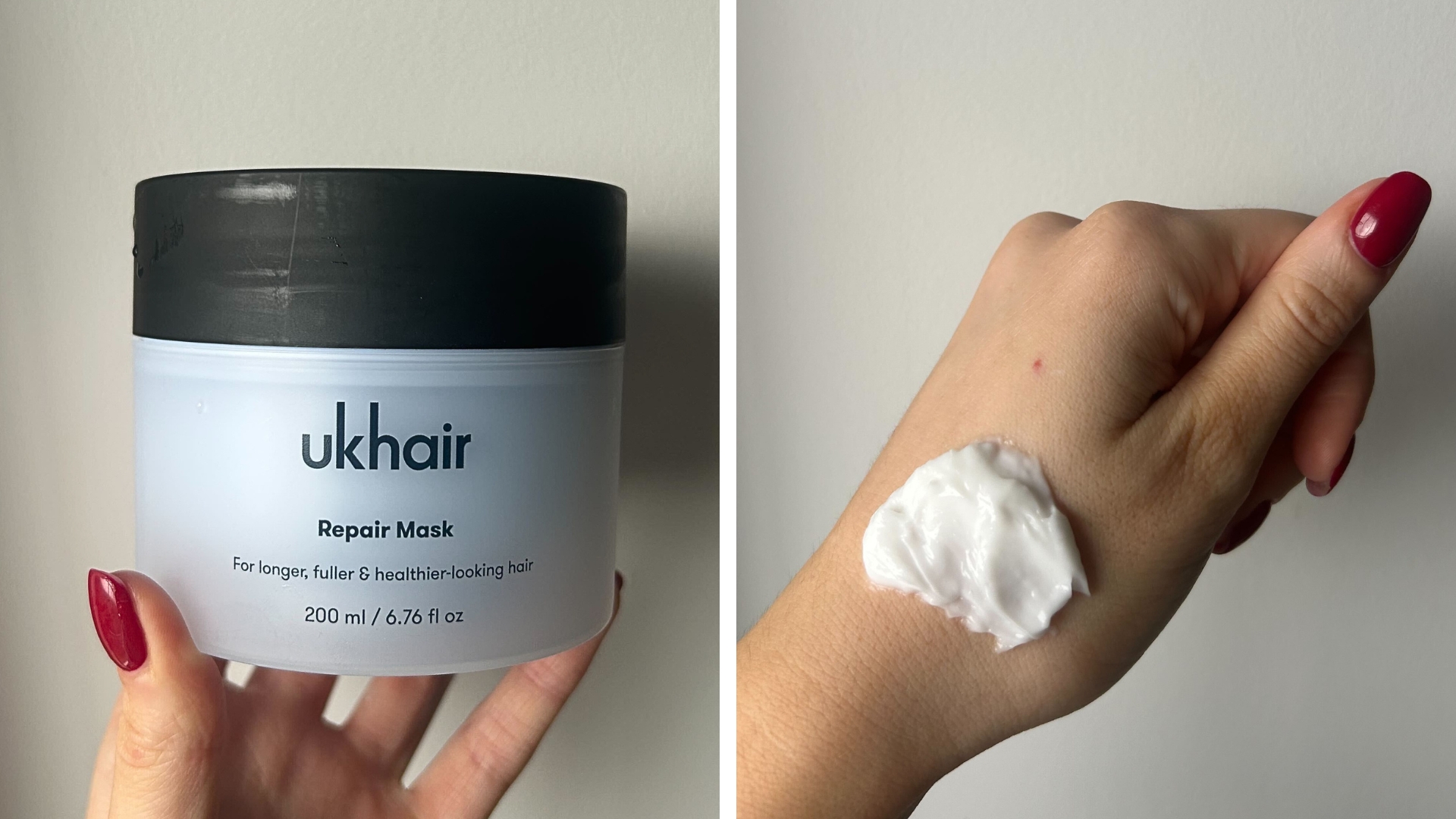 On the left, hand holding the UKHair Repair Mask, and on the right a swatch of the UKHair Repair Mask on the back of a hand