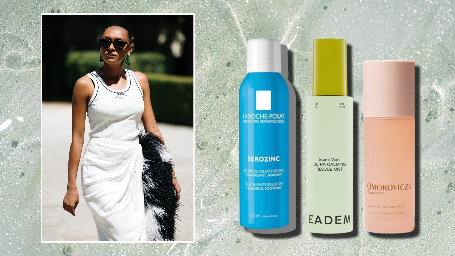 a green liquid background with a woman in a white outfit and sunglasses next to three bottles of face mist